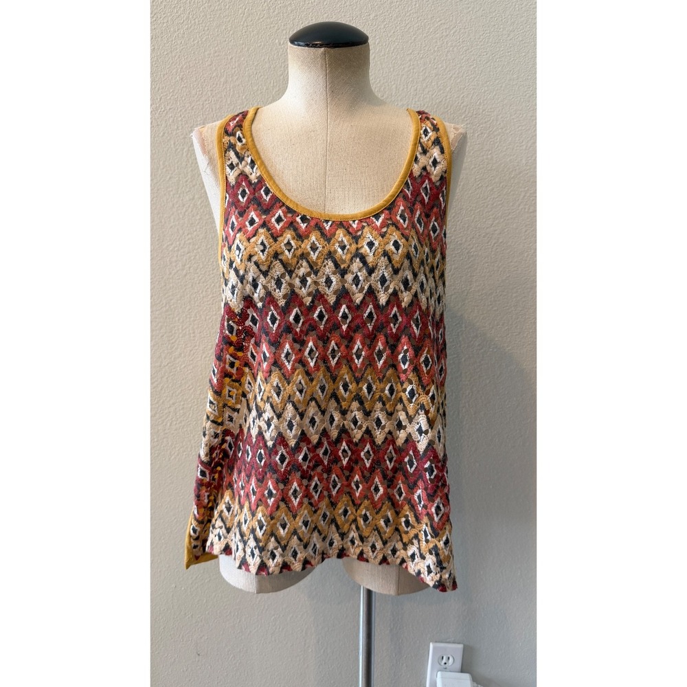 One World Women's L Mustard Boho Lace Geometric Print Sleeveless Tank Top